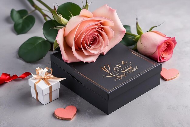 Valentijnsdag achtergrond Bloem rozen doos met geschenk en inscriptie liefde met plaats voor tekst