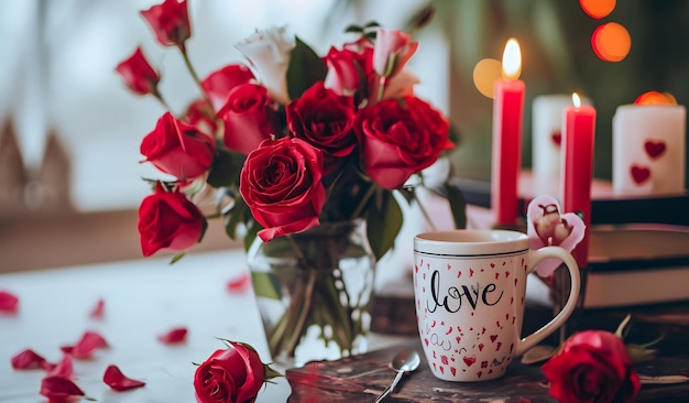 Valentijnsdag achtergrond Een kop koffie met rode rozen op een houten tafel