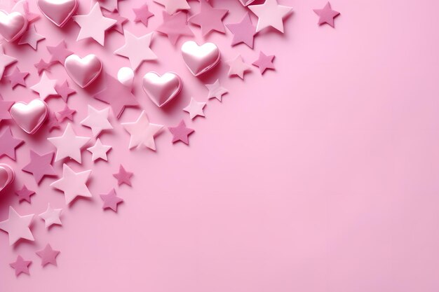 Foto valentijnsdag achtergrond met hartjes en confetti op roze