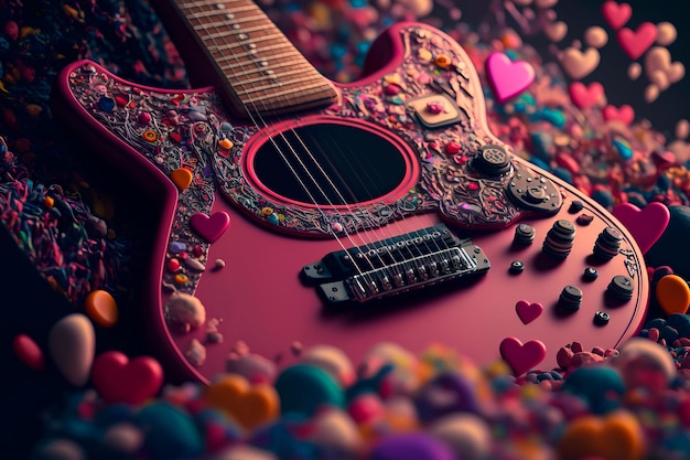 Valentijnsdag achtergrond met hartjes en gitaar Generatieve AI