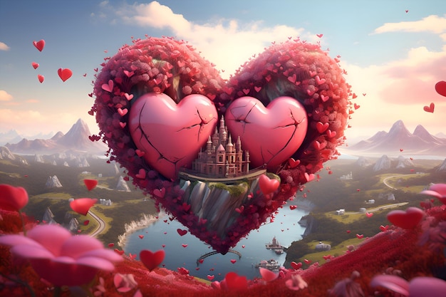 Valentijnsdag achtergrond met kasteel en hart 3D rendering