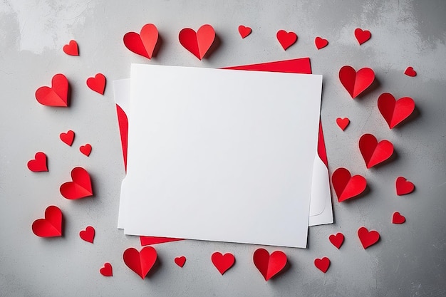 Valentijnsdag achtergrond met rode harten en een blanco papier op oude betonnen tafel