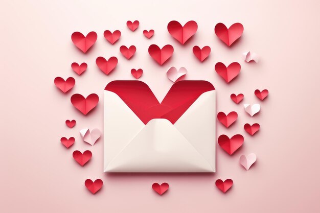 Valentijnsdag achtergrond met rode harten en envelop Vector illustratie Liefdesbrief envelop met papier ambacht harten AI gegenereerd