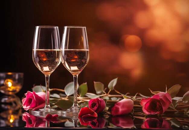 Valentijnsdag achtergrond met roze champagneglasjes en rozen