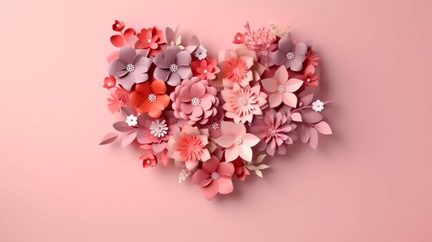 Valentijnsdag achtergrond met roze papier Craft Love Heart mooie bloemen illustratie met copyspace Generatieve AI