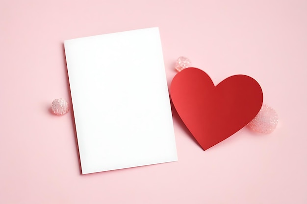 Foto valentijnsdag achtergrond papieren harten en een blanke witte kaart op roze achtergrond