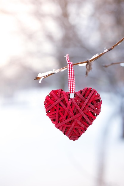 Valentijnsdag achtergrond Rood hart op een tak tegen een achtergrond van sneeuw wenskaart