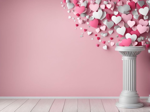 Valentijnsdag achtergrond voetstuk met roze en zilveren harten lege ruimte 3D illustratie