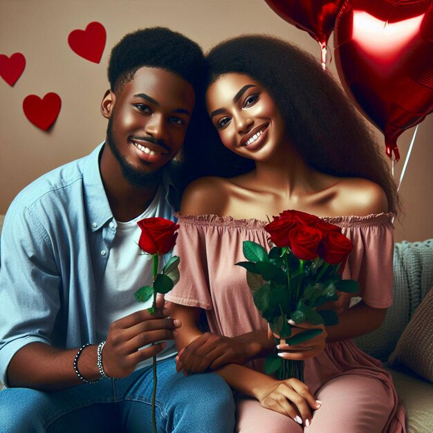 Valentijnsdag afrikaans romantisch stel op een date met rood roos hart en ballon