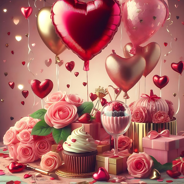 Foto valentijnsdag ballonnen bloemen en ijsjes roos
