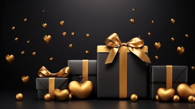 Foto valentijnsdag cadeau dozen compositie met elegante zwarte en gouden elementen luxe feestelijke generatieve ai