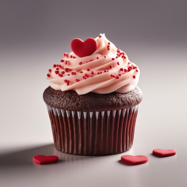Valentijnsdag chocolade cupcake versierd met rode harten geïsoleerd op witte achtergrond Generatieve AI
