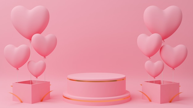 Valentijnsdag concept. Cirkel podium roze pastelkleur met gouden rand, roze hartballon op dichte geschenkdoos.