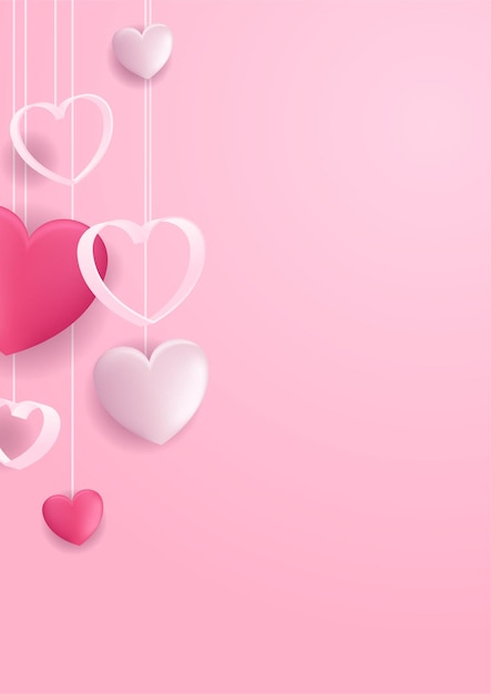 Valentijnsdag concept posters. Vector illustratie. 3D-rode en roze papieren harten met frame op geometrische achtergrond. Leuke liefdesverkoopbanners of wenskaarten
