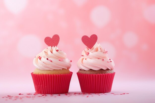 Valentijnsdag cupcakes versierd met rode harten op roze achtergrond Generatieve AI