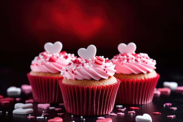 Valentijnsdag cupcakes versierd met rode harten op roze achtergrond Generatieve AI