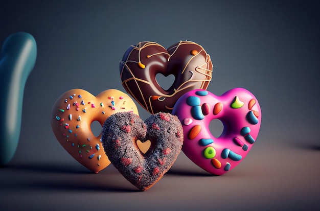 Valentijnsdag donuts plat leggen Donuts Generatieve AI hartvormige donut met hagelslag Selectieve aandacht