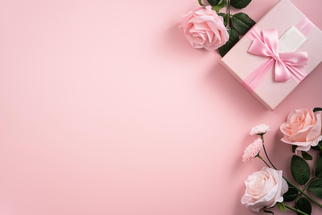 Valentijnsdag en Moederdag ontwerp concept achtergrond met roze bloem en cadeau op roze achtergrond