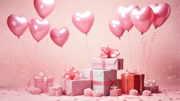 Valentijnsdag geschenk Romantische roze achtergrond met ballonnen harten en cadeau doos AI
