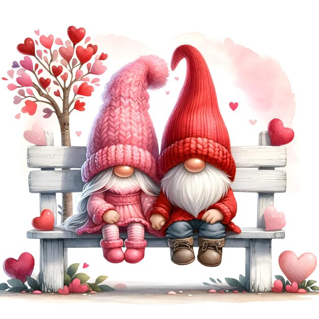 Valentijnsdag Gnome Paar op Houten Bank Illustratie