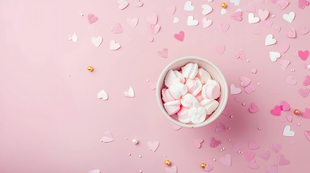 Valentijnsdag Grijze deksel marshmallow beker met papieren harten op een roze achtergrond Fla Generative AI