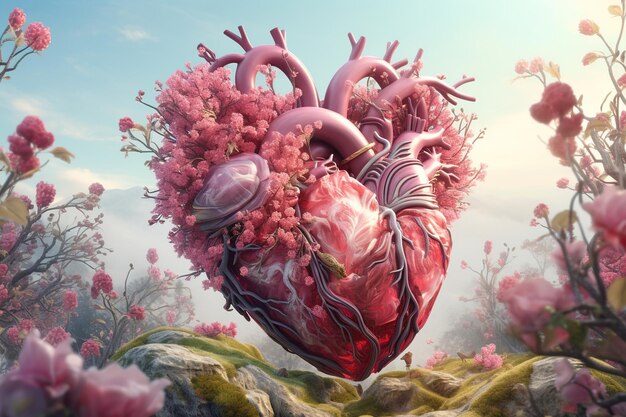 Valentijnsdag grillig surrealistisch hart in volle roze bloei voorjaarslandschap
