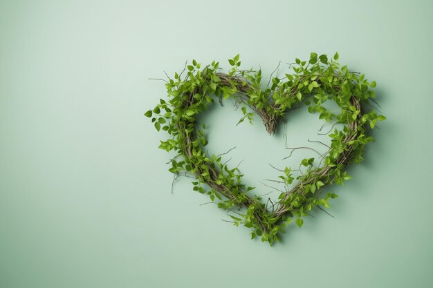 Foto valentijnsdag hartvormige natuurlijke boomtakken met groen vers gebladerte banner postkaart met lege ruimte op groene achtergrond generatieve ai