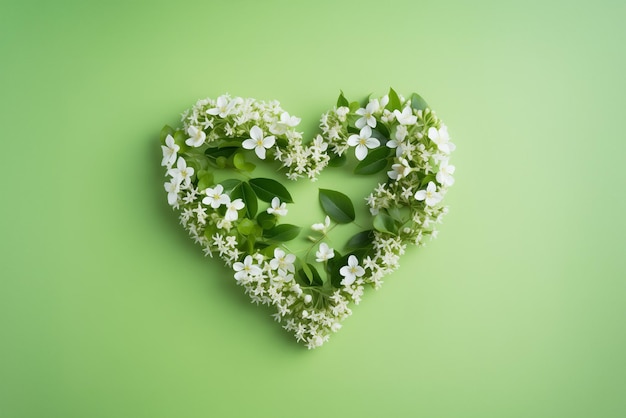 Foto valentijnsdag hartvormige natuurlijke boomtakken met groen vers gebladerte en bloemen banner postkaart met lege ruimte op groene achtergrond generatieve ai