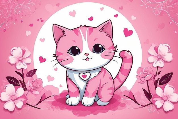 Valentijnsdag illustratie met schattige roze kat op liefde achtergrond geschikt voor valentijns uitnodiging kaart groetjeskaart en