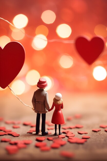 Valentijnsdag kaart speelgoed figuren van man en vrouw paar met hart op wazige achtergrond met