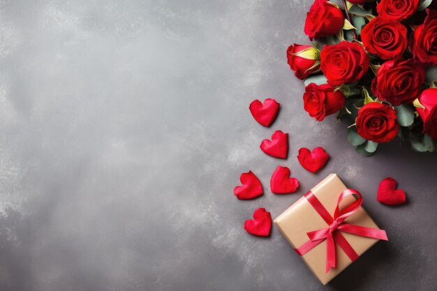 Valentijnsdag kaartje met rode rozen en geschenk generatieve ai