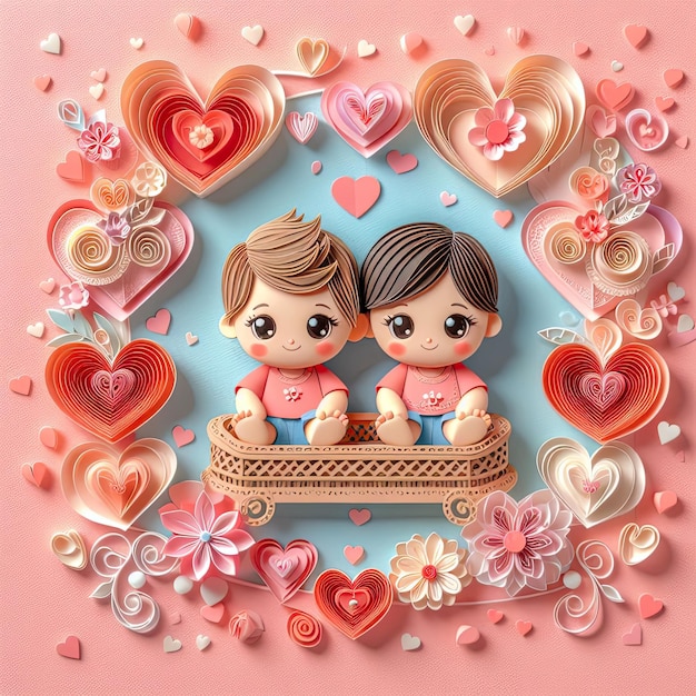 Valentijnsdag kaartje met schattig klein jongen en meisje papier kunst stijl