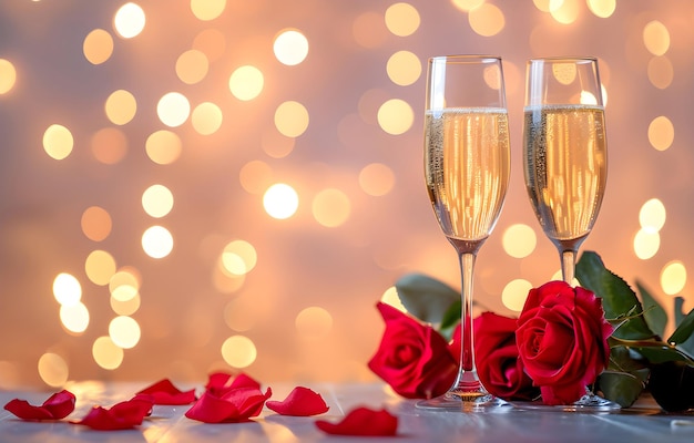 Valentijnsdag klinkende glazen mousserende wijn champagne glazen en rozen op tafel bokeh lichten