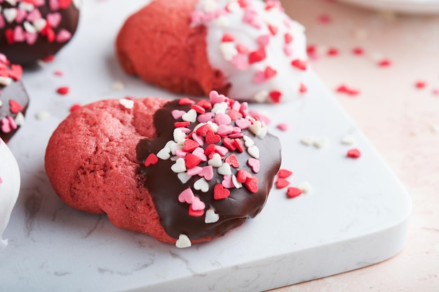 Valentijnsdag koekjes Zandkoekkoekjes met glazuur witte en pure chocolade en hagelslag op bord op witte achtergrond Moederdag Damesdag Zoete feestdagen bakken Bovenaanzicht