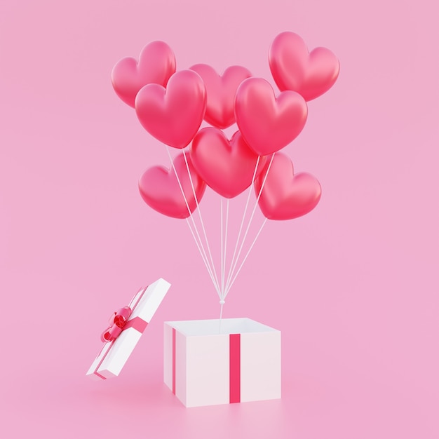 Valentijnsdag, liefde concept achtergrond, rode 3d hartvormige ballonnen boeket drijvend uit geopende geschenkdoos