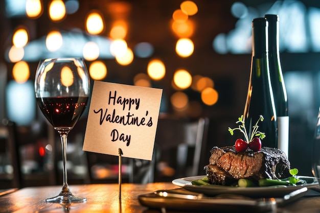 Foto valentijnsdag luxe diner van biefstuk en wijn in restaurant pragma