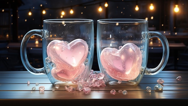 Valentijnsdag met deze hartverwarmende aquarel illustratie Verken een gezellige scène met twee bekers gevuld met liefde en versierd met hartvormige accenten perfect voor het seizoen van de liefde