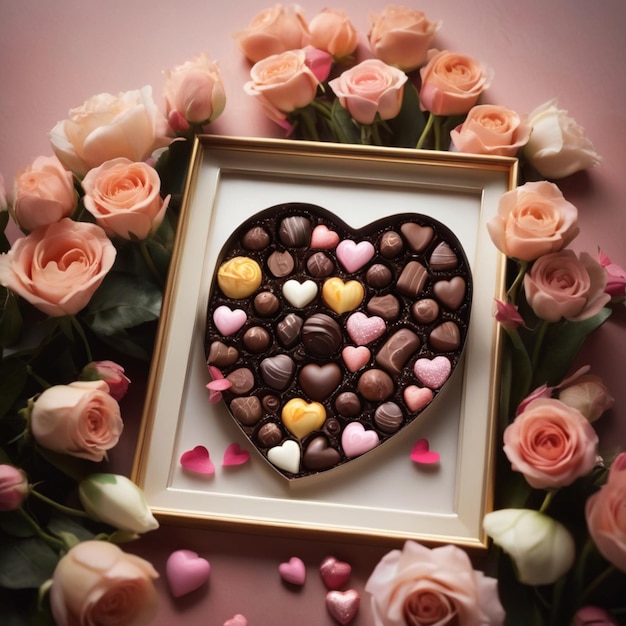 Foto valentijnsdag met een reeks chocolade en bloemen