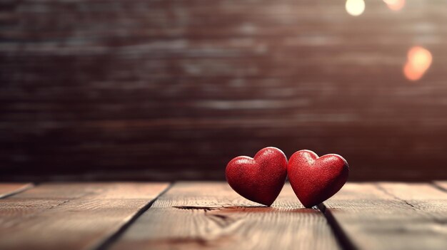 Valentijnsdag met twee rode harten op hout.