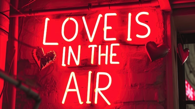 Valentijnsdag Neon levendig rood bord met de zin Liefde is in de lucht en harten