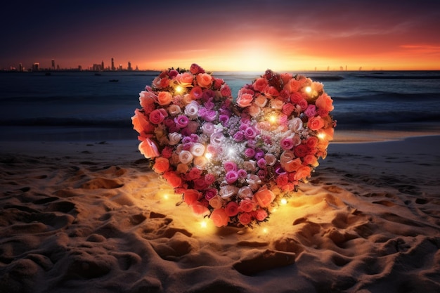 Valentijnsdag op een zonnig strand een kleurrijk glazen hart strand Generatieve AI