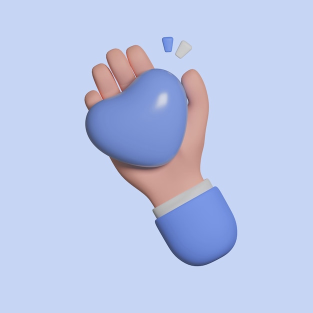 Valentijnsdag pictogram Cartoon karakter hand met blauw hart Zakelijke of medische illustraties geïsoleerd op blauwe achtergrond 3D-rendering illustratie
