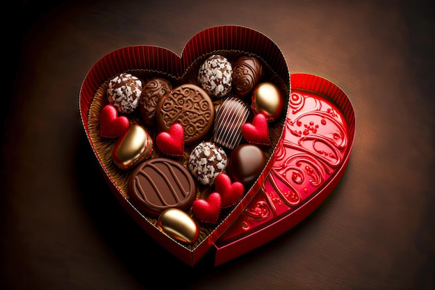 Valentijnsdag rode harten en chocoladesuikergoed in hartvormige snoepdoos