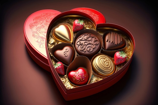 Valentijnsdag rode harten en chocoladesuikergoed in hartvormige snoepdoos