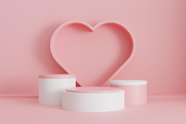 Valentijnsdag roze achtergrond met productdisplay en LOVE belettering ballonnen hartvormig