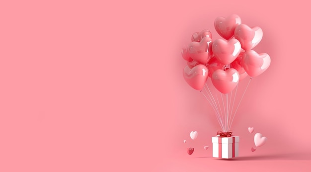 Valentijnsdag roze ballonnen met geschenkdoos op roze achtergrond met kopieerruimte