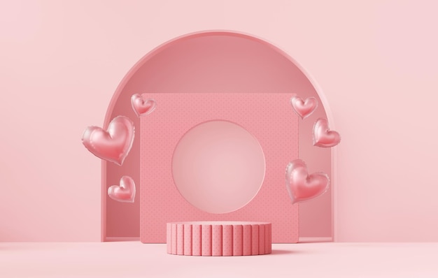 Valentijnsdag roze podium voetstuk mock up met hart 3d rendering zonder ai gegenereerd