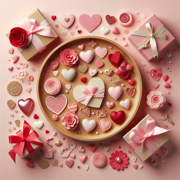 Valentijnsdag schattige achtergrond mockup met decoratieve liefdesharten top view scène