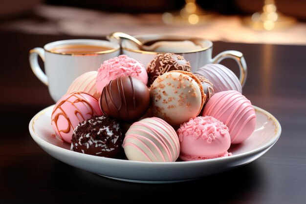 Valentijnsdag snoep op een bord op de tafel met een kop koffie