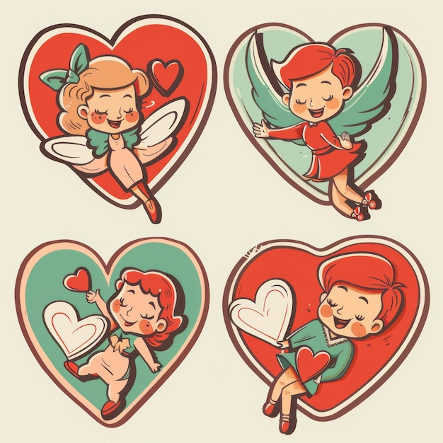 Foto valentijnsdag sticker met retro mascotte hart groovy harten met benen en handen gelukkig paar en schattige engel cupido set moderne set